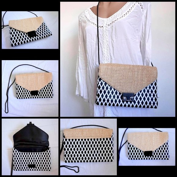 Witchery Handbags - $90 WITCHERY black/white RATTAN CLUTCH snake chain shoulder CROSS-BODY handbag ♡